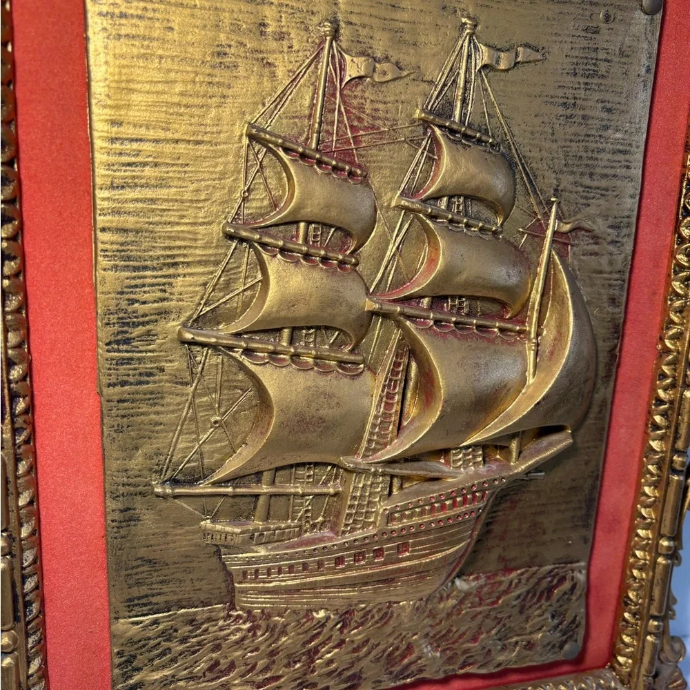 VTG Ornately Framed Schooner Ship Italy Red Velvet Matte Wall Hanging Goldtone
